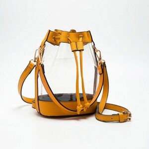 Mustard Transparent Leather Clear Bucket Crossbody Bag Purse Womens Accessory